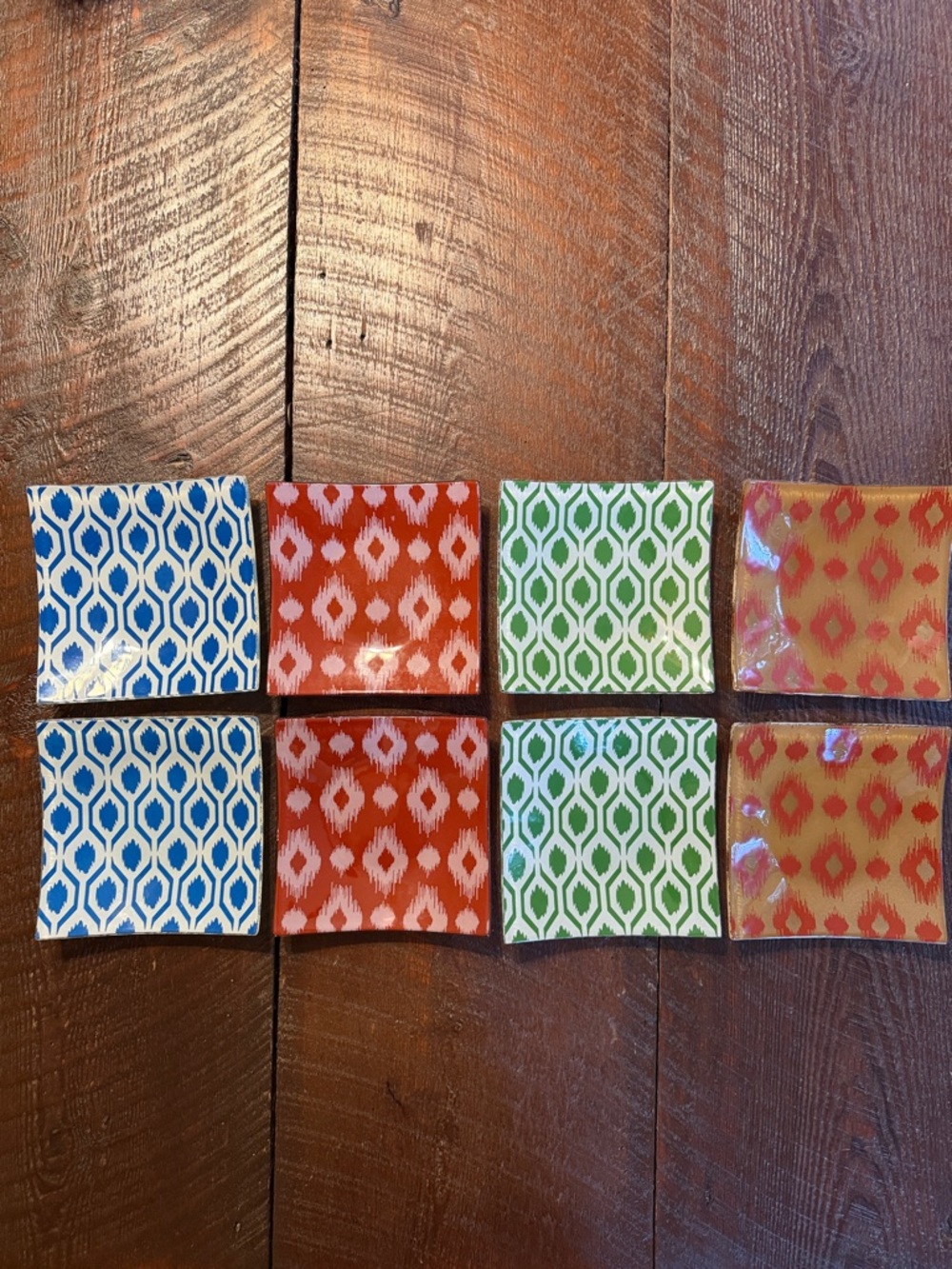 Set of 8 Colorful Glass Dessert Plates 8” Square Salad Appetizer Boho